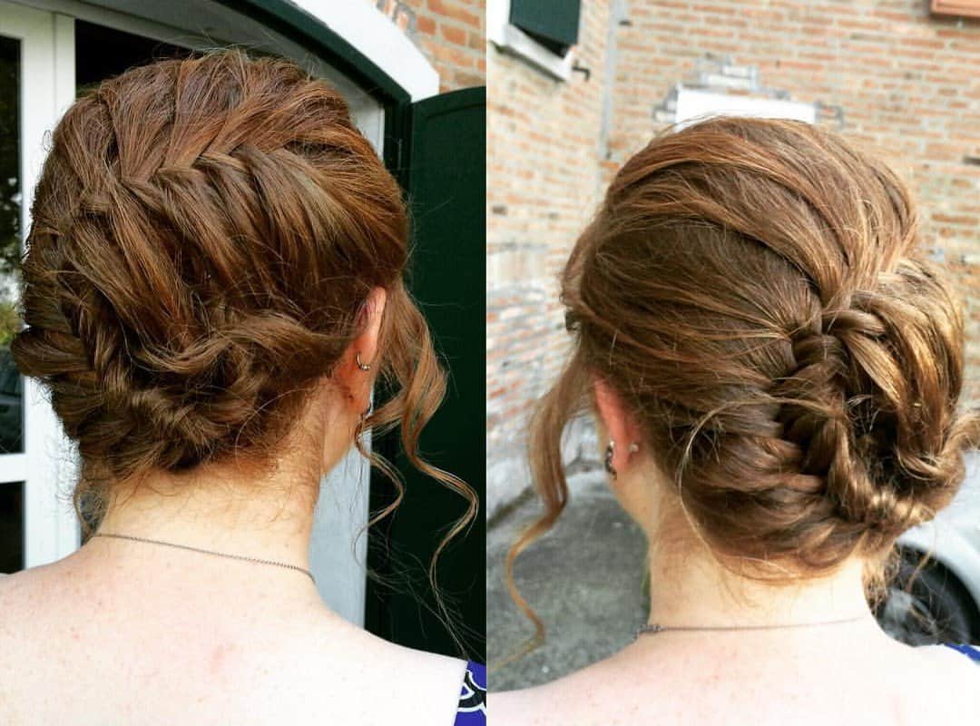 girl with a brown braided fishtail updo