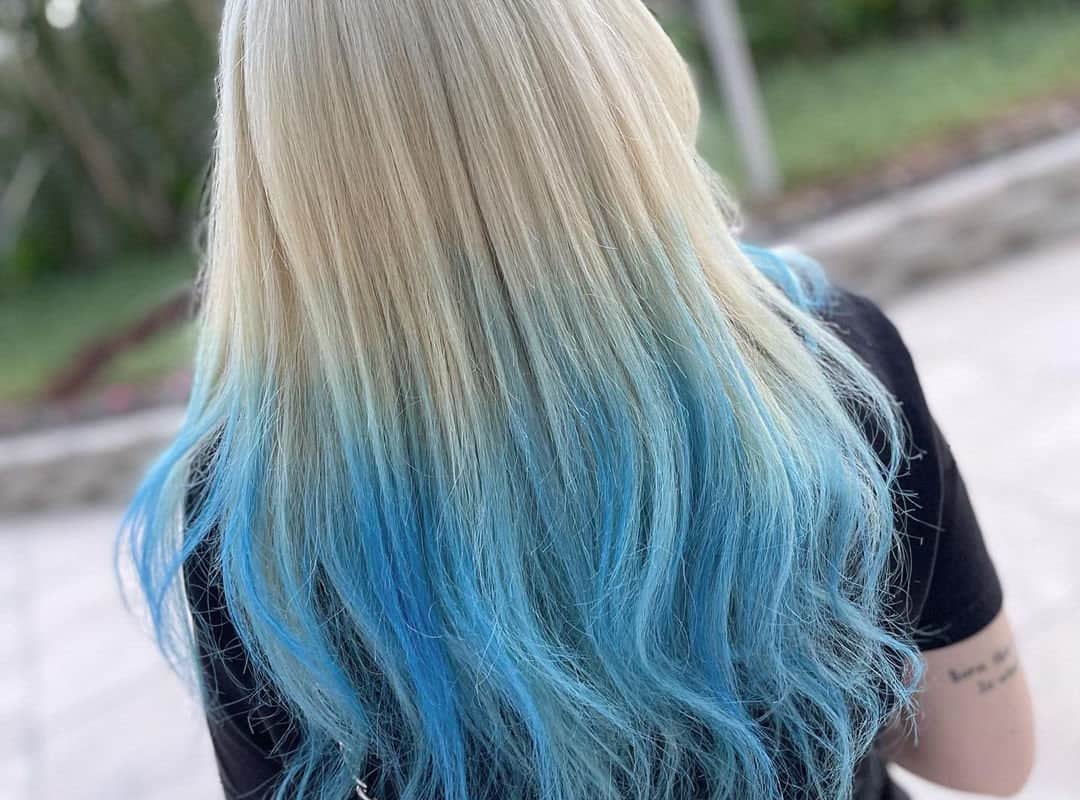 Light blue balayage on blonde hair