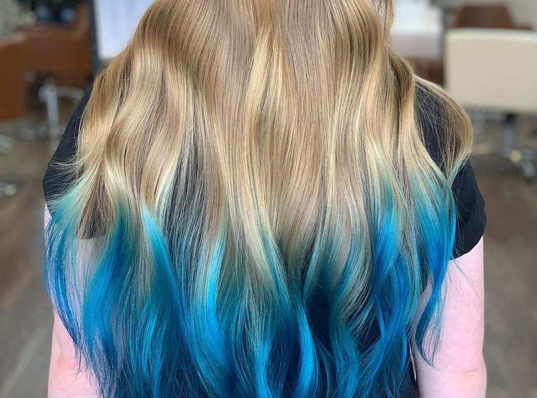 Blue balayage on blonde hair