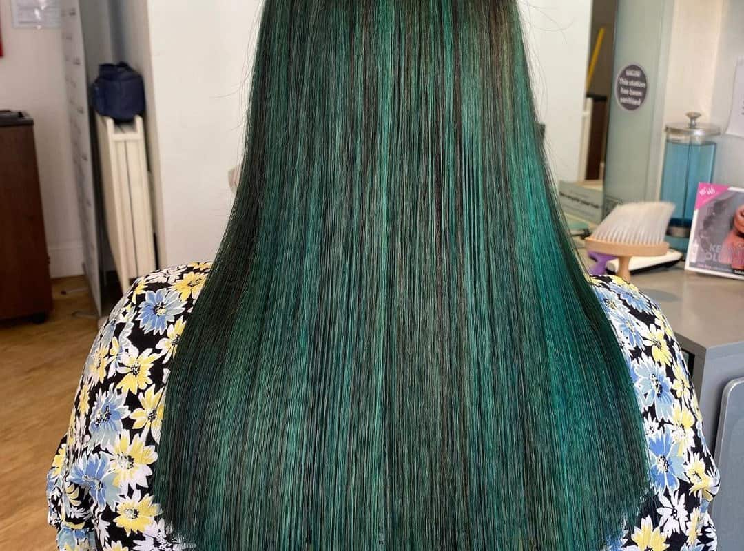 Black and Green Balayage on straight hair