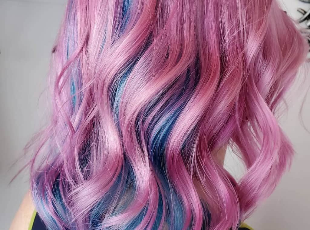 pink mermaid hair with blue highlights