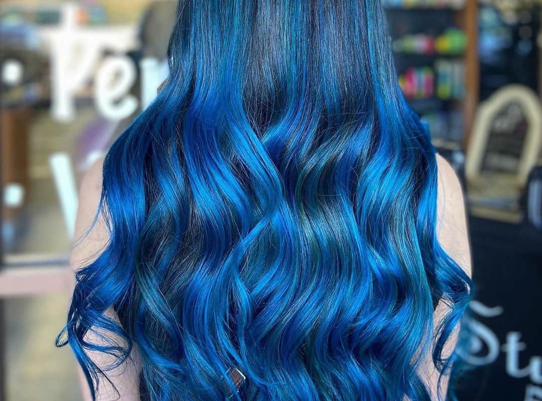 Blue balayage on black hair