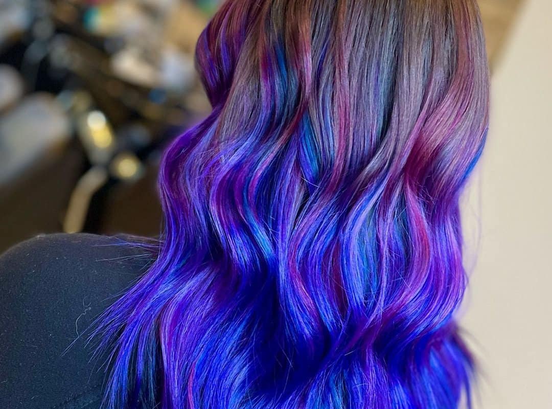 Blue and purple balayage for long hair