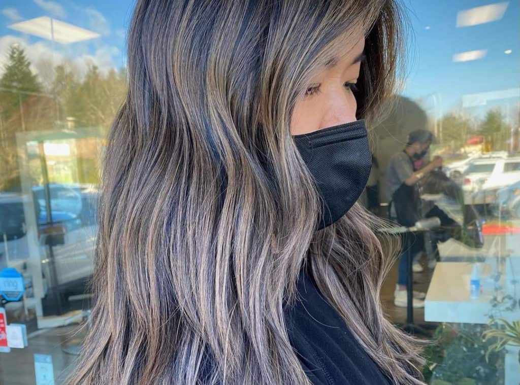 Asian black hair with money piece balayage
