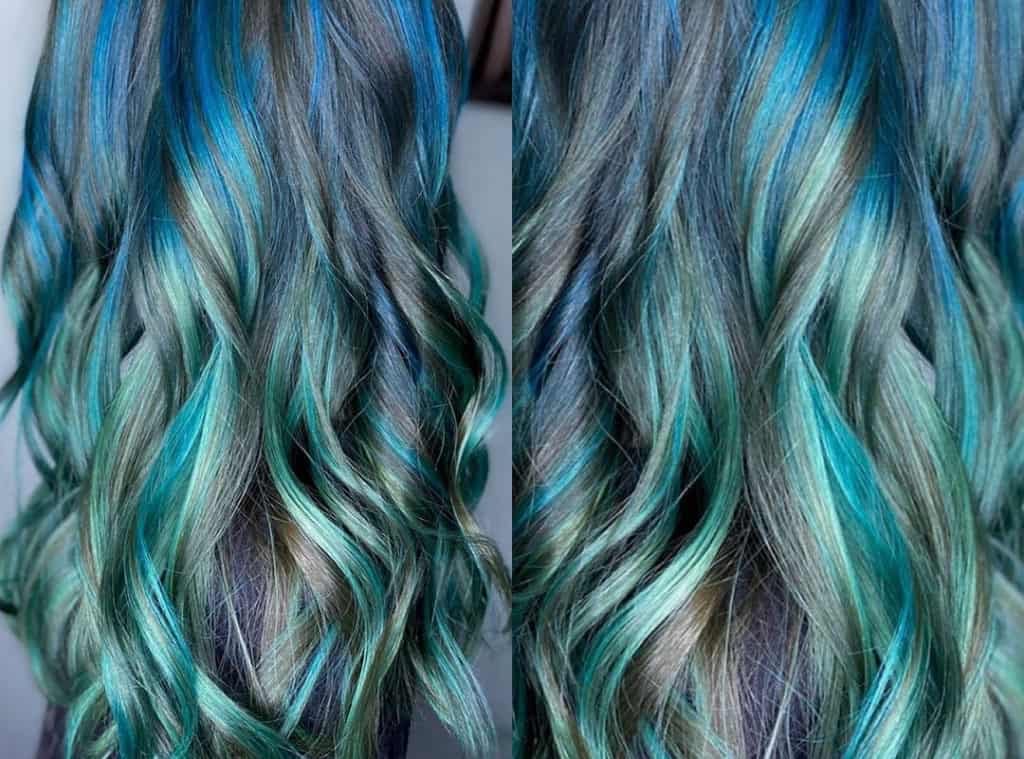 Blue and green balayage hair look idea