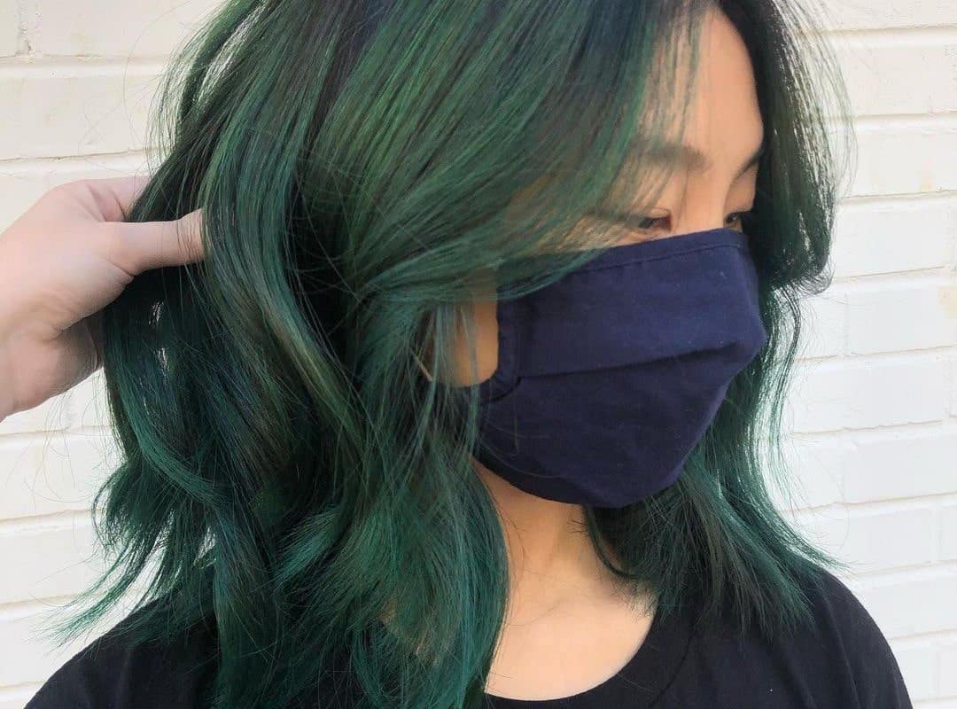 Dark Green Balayage Waves on Asian Woman