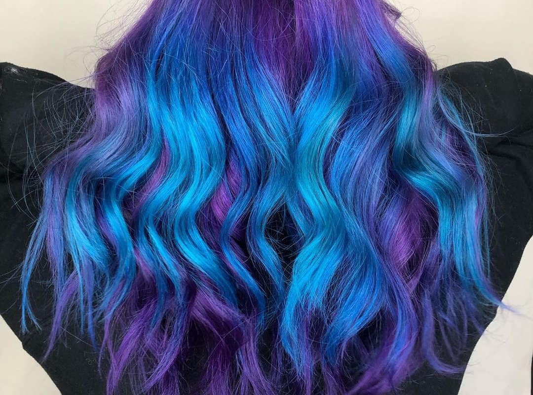 Blue and purple balayage on long hair