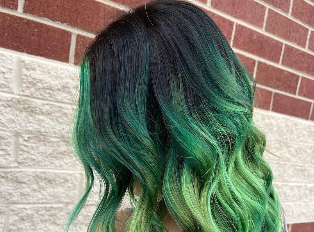 black hair with green and lime highlights