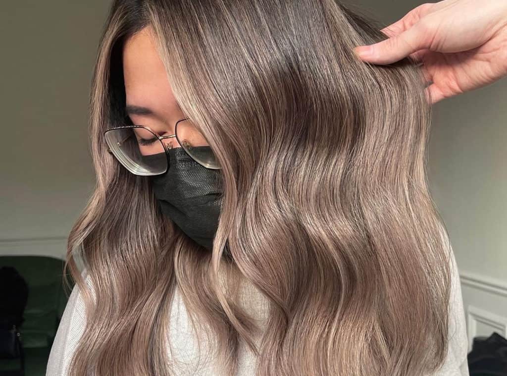 ash brown balayage on Asian hair