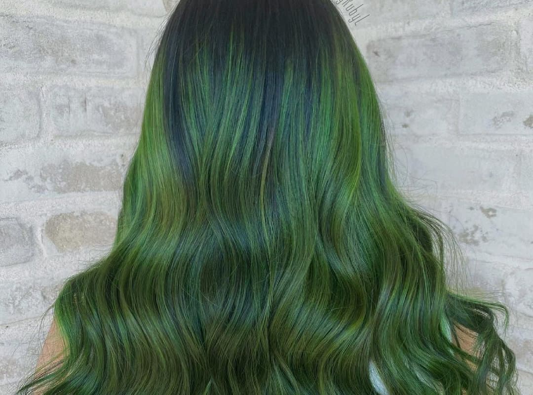 Ash Green Balayage with blue highlights