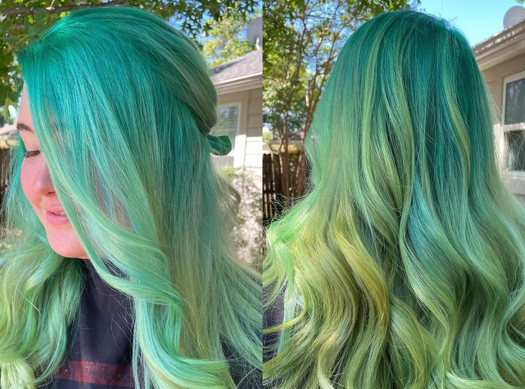 green balayage with blonde tips