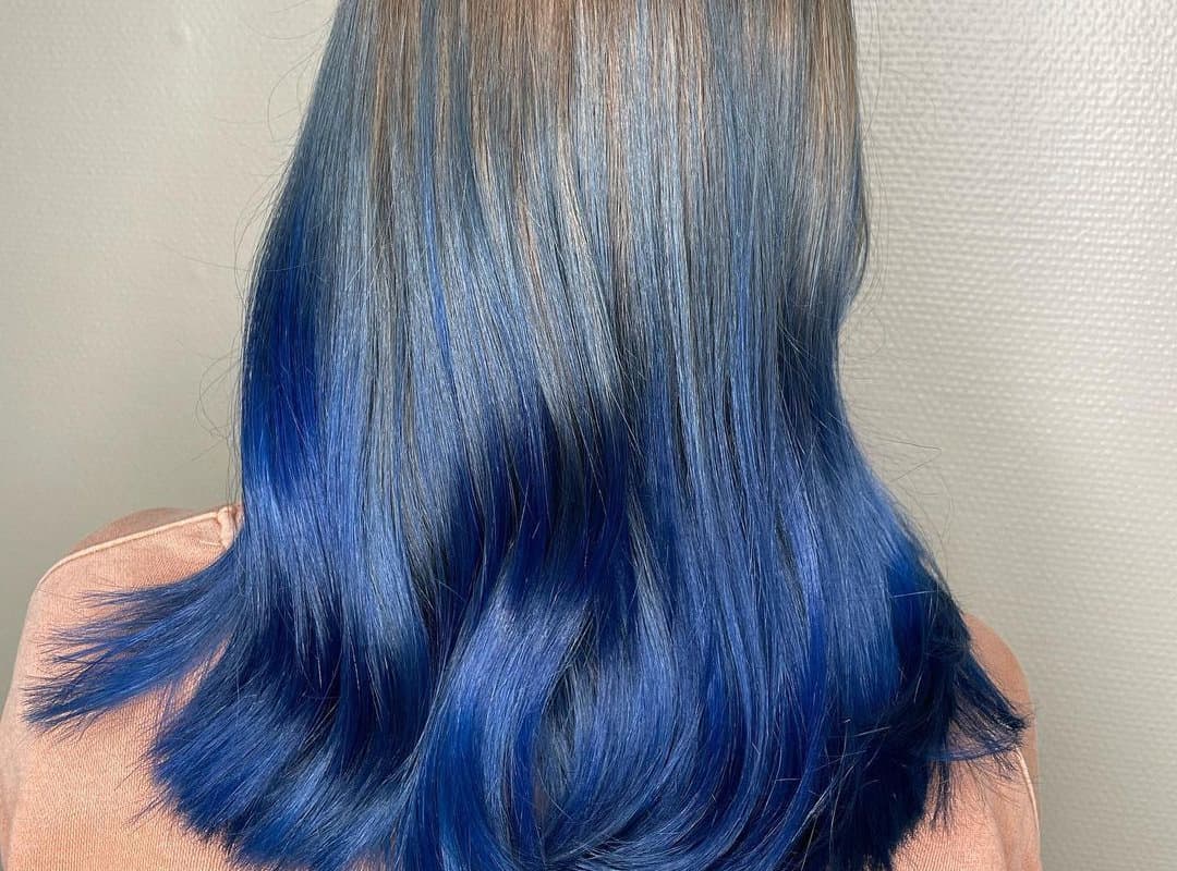 Blue balayage on light brown hair