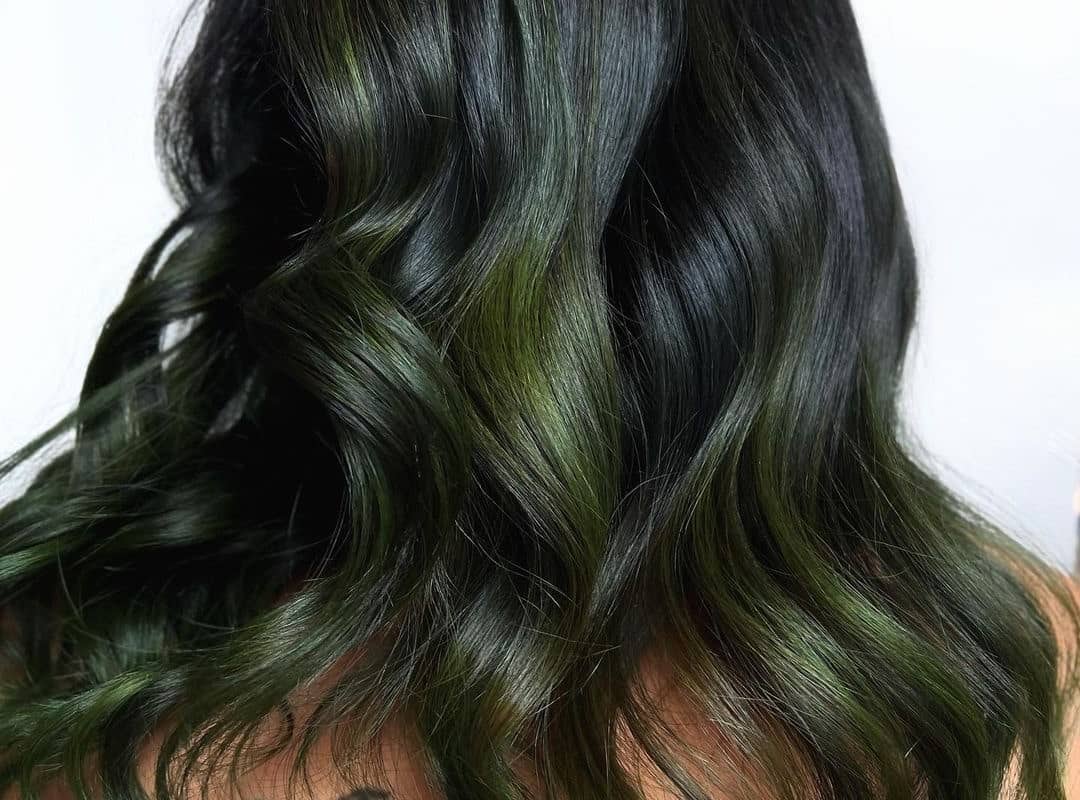 dark brown hair with olive highlights