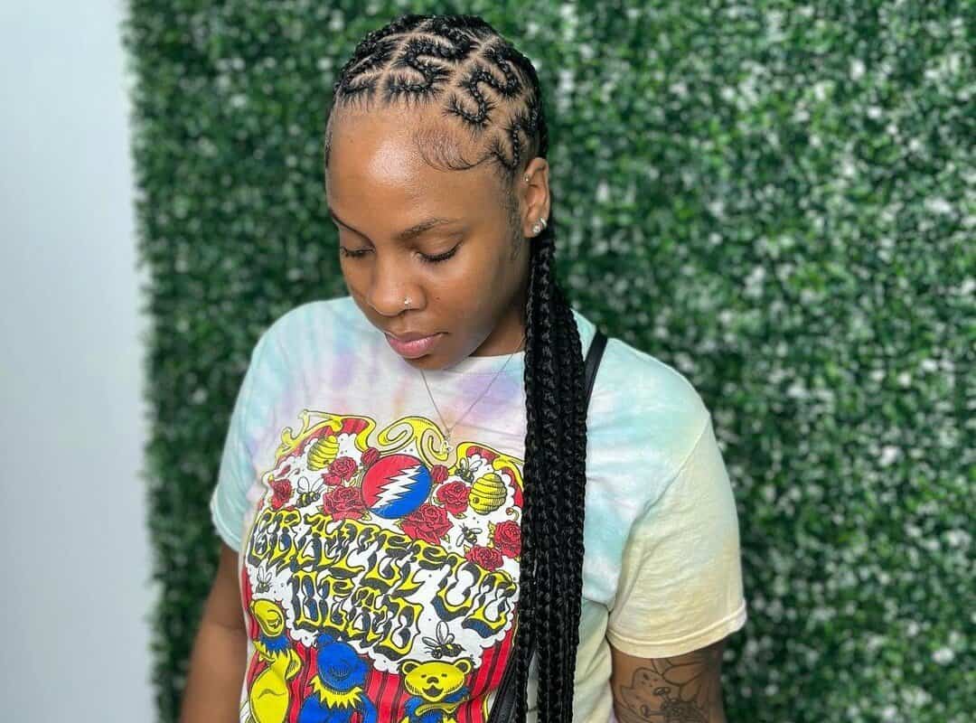 woman with a zig-zag braid hairstyle