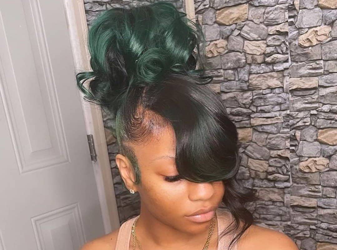 girl with black and green split dyed hairstyle