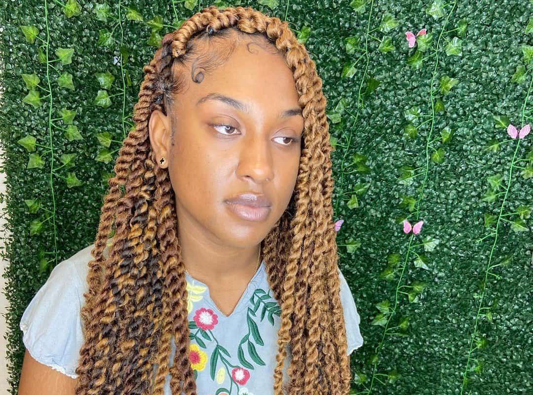 girl with brown and blonde stitch braids