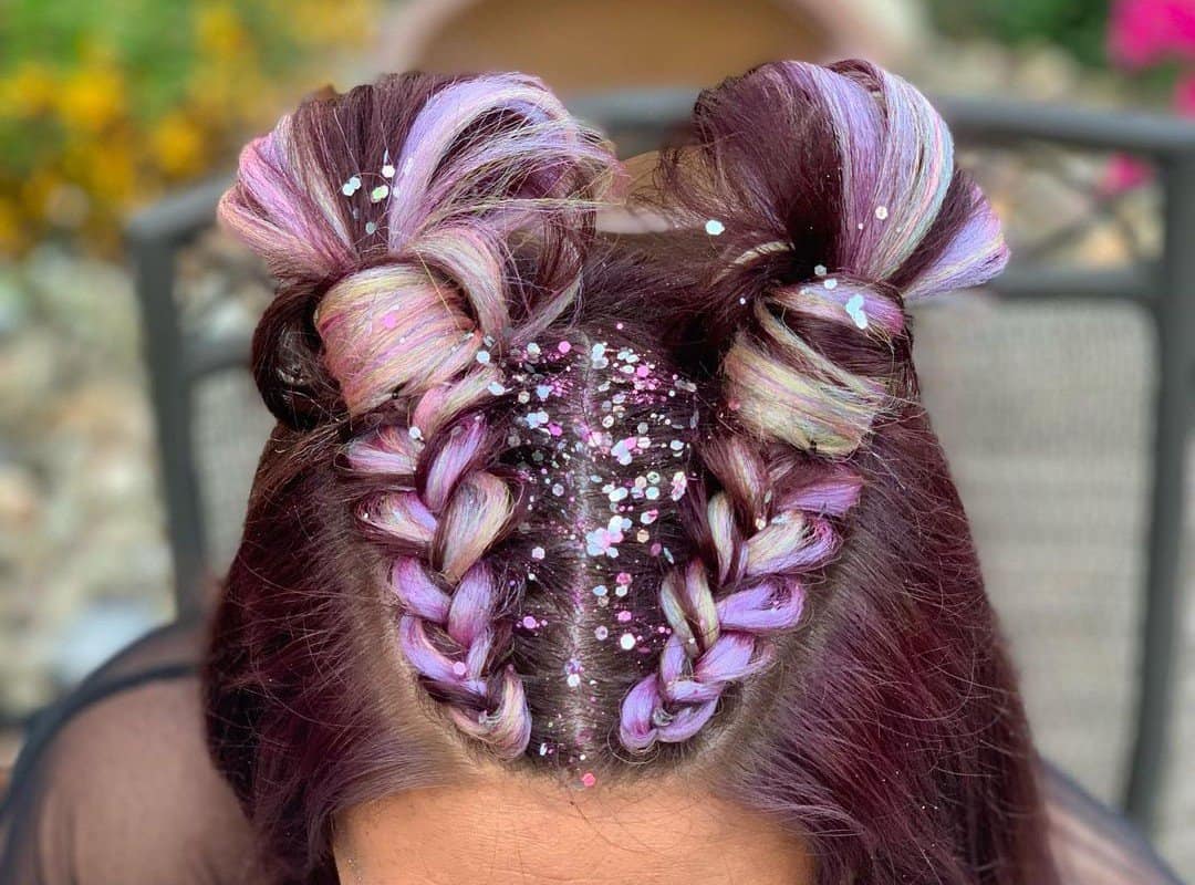 girl with brown and purple glitter hairstyle