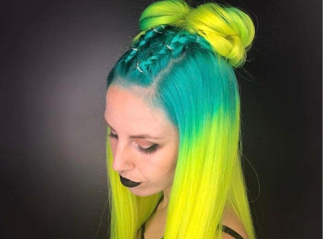 girl with green and yellow Half Up hairstyle