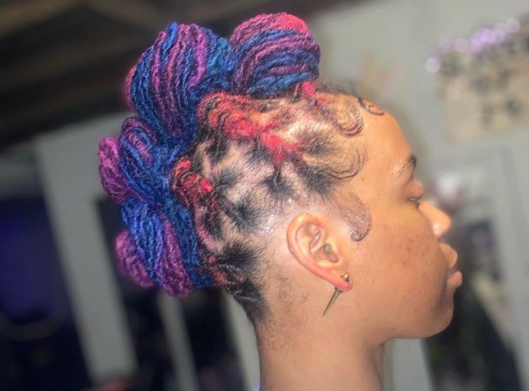 girl with red-purple and blue-black dyed dreads